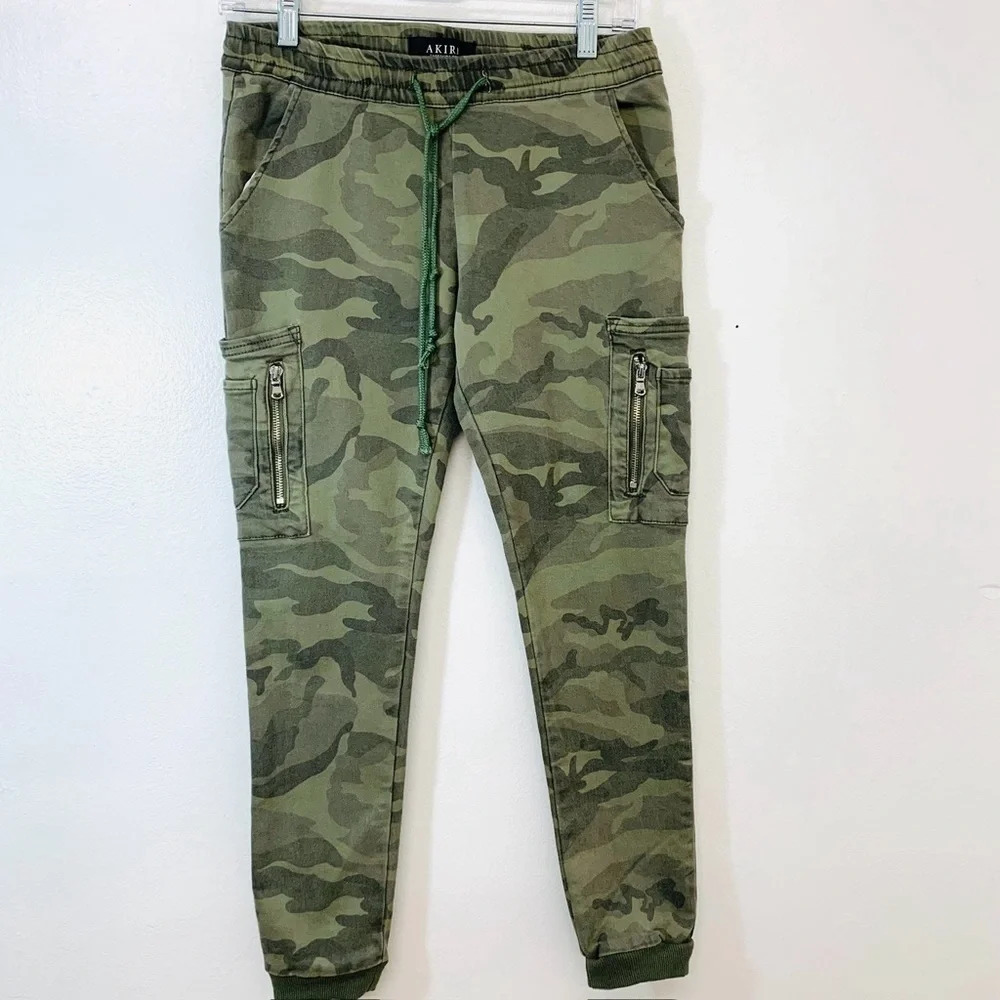 Akira Jogger Pants Woman Small Pull On Drawstring Green Camo  Cargo Pockets Moto